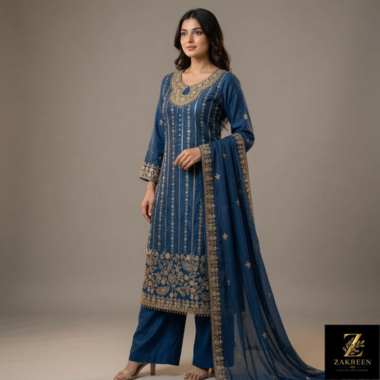 Women's Teal Blue Embroidered Kurta Palazzo Set with Dupatta | Designer Party Wear Ethnic Suit for Women | Zakreen