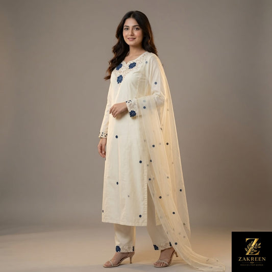 Women's Cream Embroidered Kurta Pant Set with Net Dupatta | Elegant Ethnic Party Wear Suit for Women | Zakreen