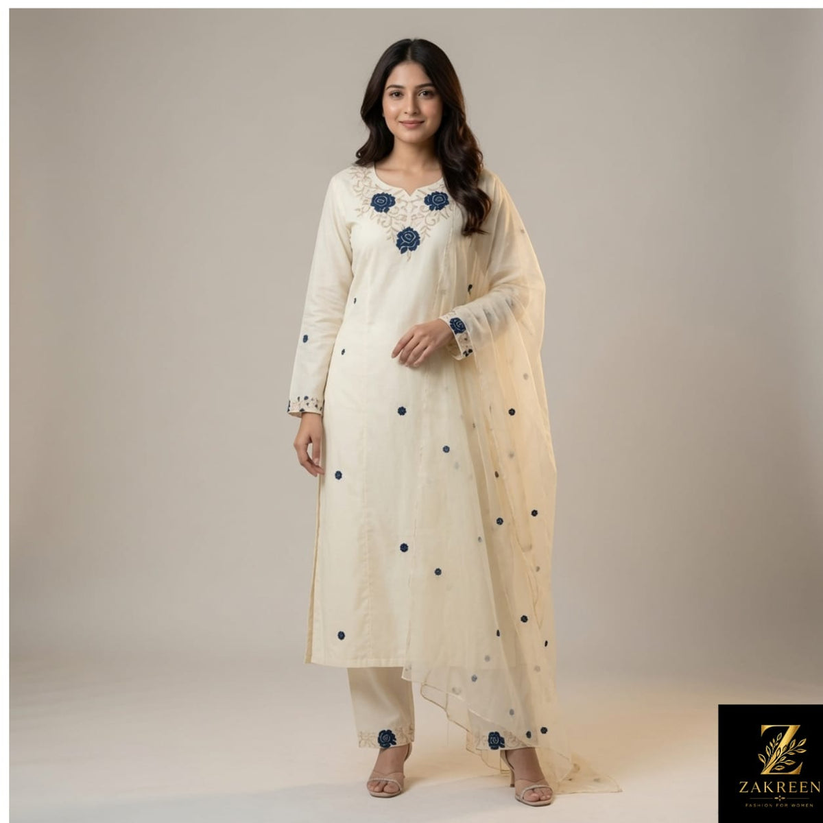 Women's Cream Embroidered Kurta Pant Set with Net Dupatta | Elegant Ethnic Party Wear Suit for Women | Zakreen
