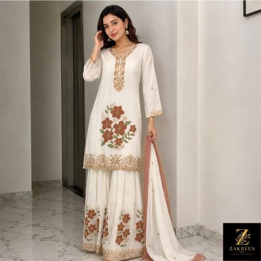 Women's White Floral Embroidered Kurta Sharara Set with Dupatta | Premium Party Wear Ethnic Suit for Women | Zakreen
