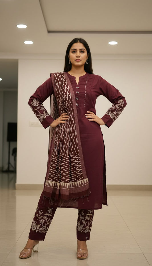 Women's Maroon Embroidered Kurta Pant Set with Woven Dupatta